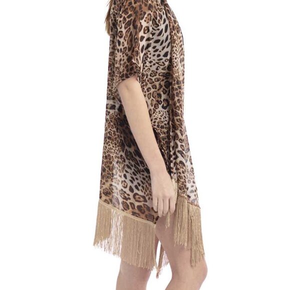 Women’s Leopard Print Cover Up Vest Swimsuit cover up kimono Sheer Fringe - Picture 6 of 7